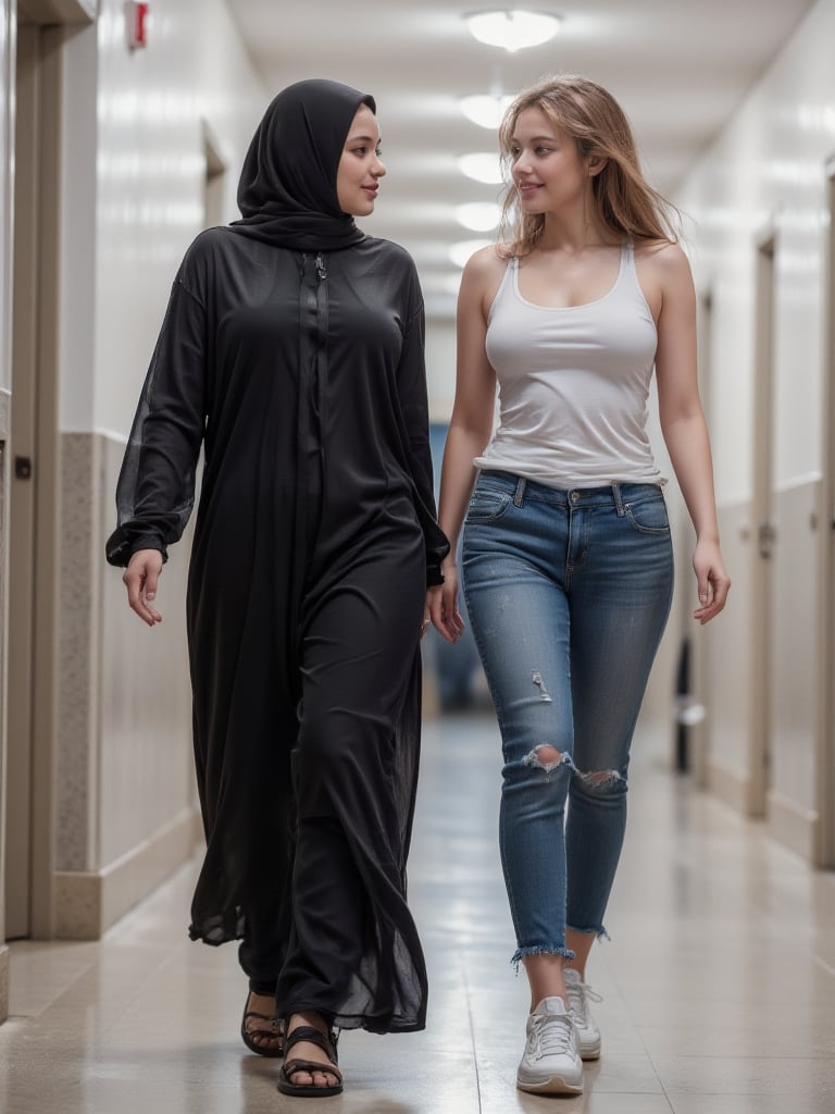 Two confident and striking women walk side by side down a brightly lit hostel corridor, their contrasting appearances highlighting their strong bond. One, with a curvy, muscular build, is dressed in a sleek black niqab that flows as she moves with purpose, her eyes focused and determined. The other, a stunning woman with a curvy, thick figure, wears a white stretch wife-beater, denim jeans, and sneakers, her short spiky golden hair adding a bold edge to her style. They share an easy camaraderie, reflecting their close college friendship as they chat animatedly, searching for their next adventure within the hostel's vibrant atmosphere.