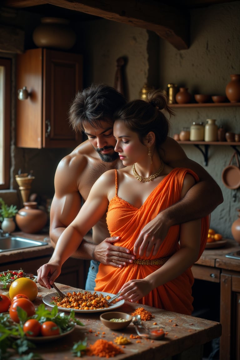 "In a charming, traditional Kerala kitchen, a beautiful, middle-aged American white woman with a curvy, large-toned muscular build is gracefully preparing vegetables. She is dressed in an elegant orange cloth that drapes beautifully over her figure, and her hair is styled in a short, messy bun. An older, muscular Indian man, with a rugged appearance that suggests a life of hard work, gently hugs her from behind, showing a tender and protective affection. The woman wears a golden necklace that catches the warm, ambient light of the rustic kitchen, adding a touch of elegance to the scene. The kitchen itself features wooden cabinets, brass utensils, and clay pots, with vibrant spices and fresh vegetables adding color to the atmosphere. The couple’s connection is palpable, contrasting beautifully with the earthy, traditional surroundings, creating a warm and intimate moment."