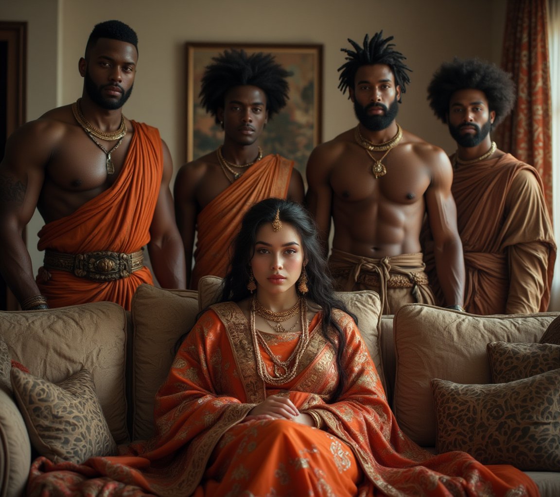 "Create an image of Draupadi, the wife of the five Pandavas, depicted as a modern  day white American middle-aged curvy woman. She is wearing a designer wedding saree, styled in a way that reflects her regal and dignified nature. Draupadi is seated on a sofa with an air of composure and grace. Surrounding her are her five husbands as Afro black muscular men, who are depicted with beefy, muscular body shapes, standing beside her. The scene conveys a sense of unity and strength among them. The background should be simple yet elegant and modern American design house ."