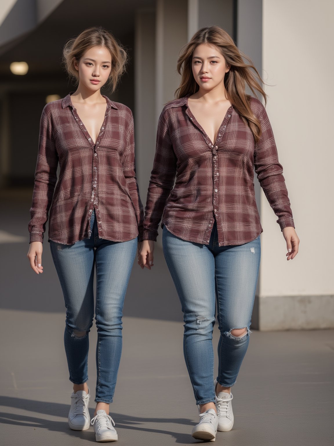 two beautiful gorgeous homeless  women walking at hotel outside garbage area, they are curvy thick figure, golden short bun hair. wore toned flannel shirt and denim jeans and sneakers. sad face, 