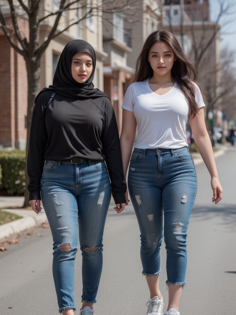 On a vibrant morning in a bustling bucy city residential area, a confident and striking woman with a curvy, muscular build walks with purpose, dressed in a black niqab that contrasts with the lively street around her. Beside her, a stunning American muscular curvy thick woman in a white stretch t-shirt, denim jeans, and sneakers strides along, both of them engaged in a quest for the perfect rental house. Their bond is evident, a reflection of their college friendship and shared mission.