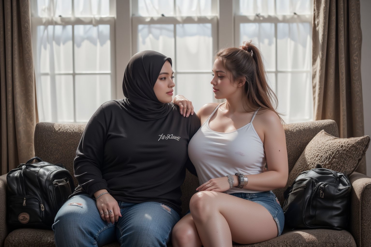 On a vibrant morning, in a stylish house hall area, a confident teenage  woman with a curvy, muscular  athlatic build and a black niqab contrasts strikingly with the glass window behind her. She sits on a sofa beside her friend, a stunning American plus size woman with a muscular, curvy frame, wearing a white wife -beater, denim shorts, and sneakers,tattoo covering her both hands, her short golden ponytail adding a lively touch. Both women are engaged in an animated discussion. The woman in the niqab, new to the city and searching for a place to stay, has come to her friend's house with travel and laptop bags. Their evident bond and shared mission underscore the depth of their college friendship.