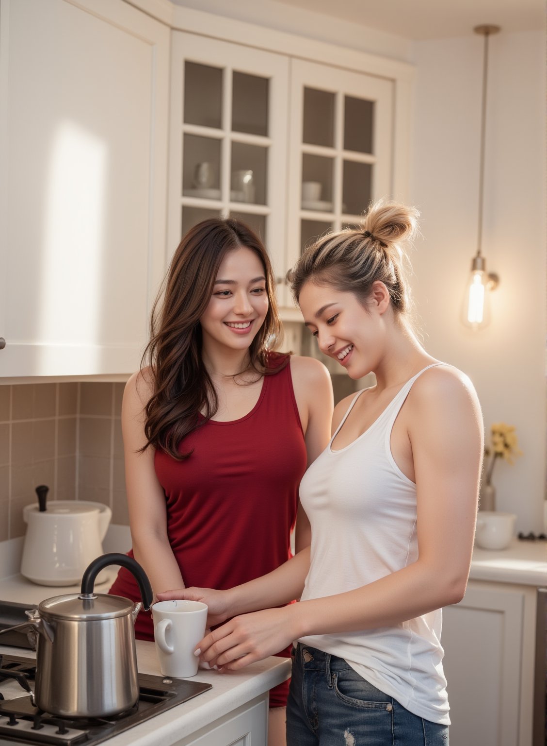 In their cozy new house kitchen, the two women are preparing coffee together, their laughter filling the warm, sunlit space. The woman with a curvy, thick , muscular build moves gracefully in her knee length frock , , her eyes crinkling with amusement as she stirs the coffee. Beside her, the thick, curvy woman in a white stretch wife-beater and denim jeans reaches for mugs, her short golden spiky hair catching the morning light. There's a sense of comfort and ease between them, a reflection of their deep friendship as they enjoy each other's company in this peaceful moment, savoring the joy of their new home.