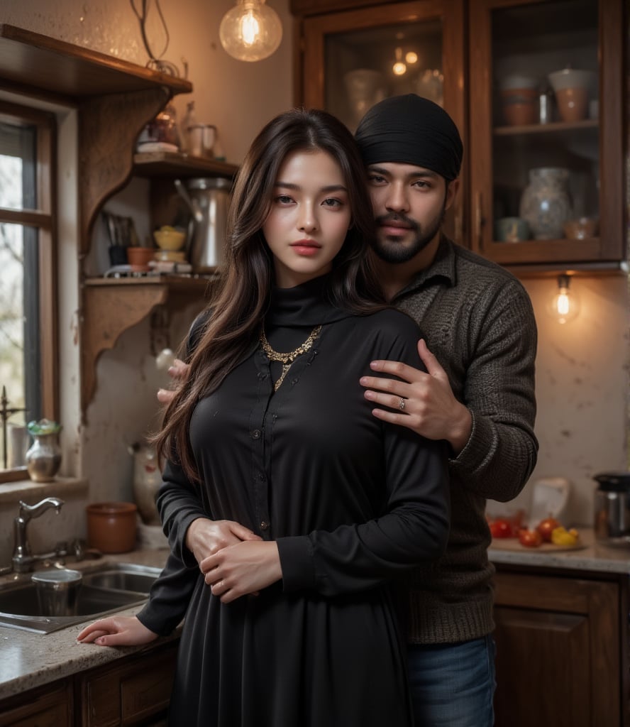 "In a charming, slum area house kitchen, a beautiful curvy thick bodybuilder woman  is gracefully preparing milk coffee. She is dressed in black niqab . A middle aged, muscular British woman, with a rugged appearance that suggests a life of hard work, gently hugs her from behind, showing a tender and protective affection. The woman wears a golden necklace that catches the warm, ambient light of the rustic kitchen, adding a touch of elegance to the scene. The kitchen itself features wooden cabinets, brass utensils, and clay pots, with vibrant spices and fresh fruit adding color to the atmosphere. The couple’s connection is palpable, contrasting beautifully with the earthy, modern surroundings, creating a warm and intimate moment."