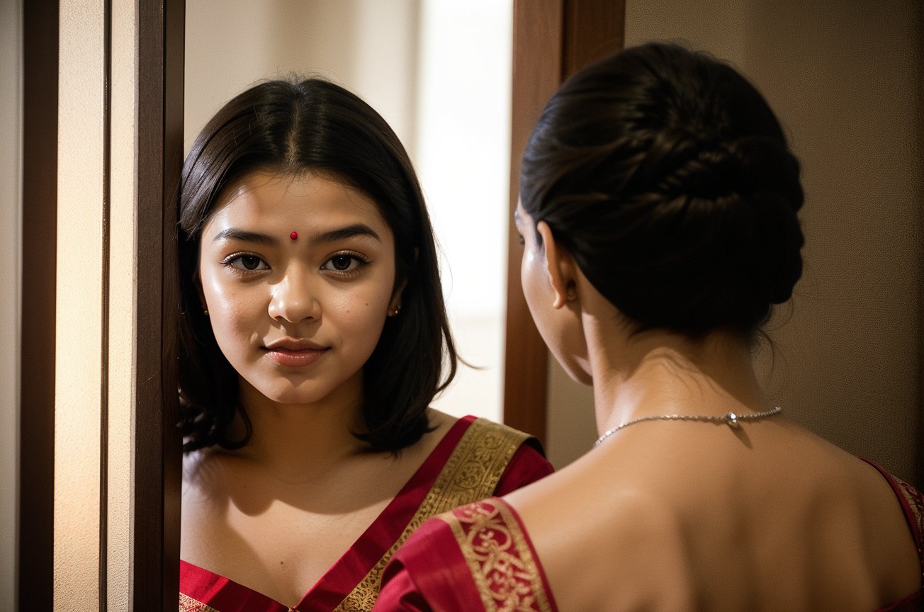 An elegantly poised Indian widow, draped in a vibrant yet somber sari, her eyes reflecting a poignant mix of curiosity and sadness as she peeks through a slightly ajar door. The soft candlelight from the adjacent room casts a warm glow on her delicate features, accentuating the silver streaks in her otherwise dark hair. Her gaze is fixed on the silhouetted figures of her sister and her sister's middle-aged African husband, whose powerful, muscular frame is outlined against the dimly lit background. The husband, with his back to the door, is embracing the sister passionately, their bodies entwined in an intimate dance of shadows. The stark contrast between the darkness of the room and the fiery passion of their embrace creates a dramatic tableau that the widow observes from her solitary vantage point. The rich tapestry of their interracial union is a stark reminder of the vibrant life that continues outside the bounds of her own recent loss. The intricate patterns of the sari she wears and the soft whispers of fabric against skin serve as a visual metaphor for the complex tapestry of emotions and relationships within the household. The scene is imbued with a sense of quiet tension and the unspoken understanding of the private moments that often go unseen in the lives of those around us.