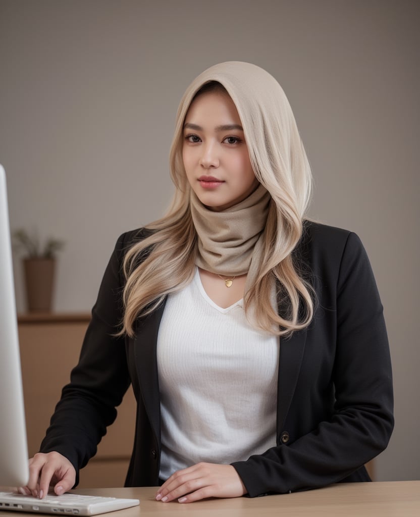 A beautiful  plus size thick bodybuilder woman with chin length  golden hair, tattoo covered in her both hands,  sitting at a desk in front of a computer looking distracted as she works.  She is dressed in a hijab, white blouse with black blazer and wearing a small gold pendant. 