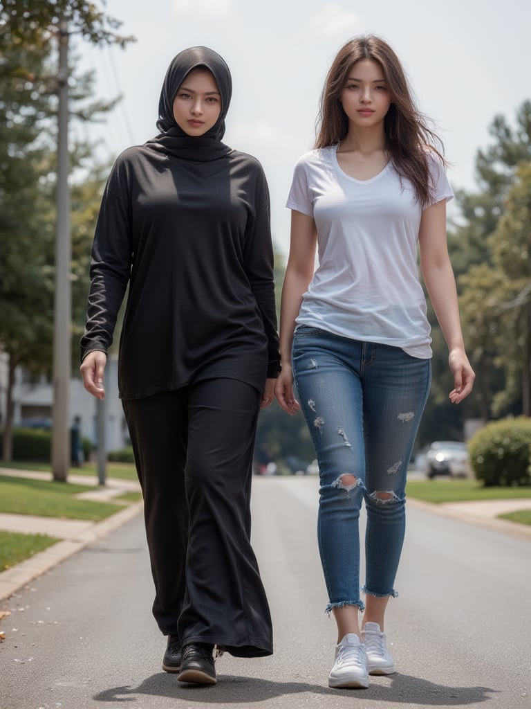 On a vibrant morning in a bustling bucy city residential area, a confident and striking woman with a curvy, muscular build walks with purpose, dressed in a black niqab that contrasts with the lively street around her. Beside her, a stunning American muscular curvy thick woman in a white stretch t-shirt, denim jeans, and sneakers strides along, both of them engaged in a quest for the perfect rental house. Their bond is evident, a reflection of their college friendship and shared mission.