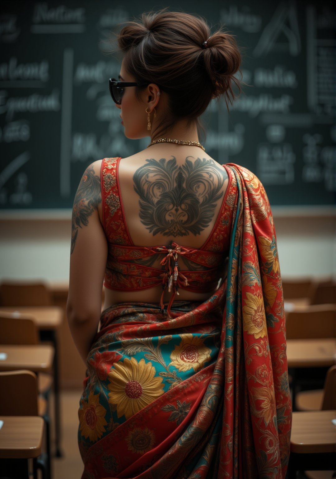  "A captivating photo from the back of a plus-size, curvy, thick British bodybuilder woman in a lecture hall. She is dressed in a vibrant traditional Tamil saree, with a fully open back blouse that reveals intricate tattoos covering her entire back. Her stylish sunglasses and impeccably styled short brown hair add to her striking look. The saree drapes beautifully over her strong, muscular figure, blending traditional elegance with modern strength. The lecture hall is filled with subtle academic elements, like desks and chalkboards, complementing her confident and commanding presence