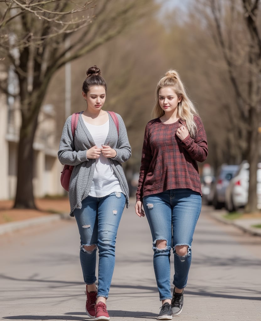 a beautiful morning time, two beautiful gorgeous   women, they are college students, backpack,  walking at hotel outside after have their breakfast, they are curvy thick figure, golden short bun hair. wore toned flannel shirt and denim jeans and sneakers. sad face, 