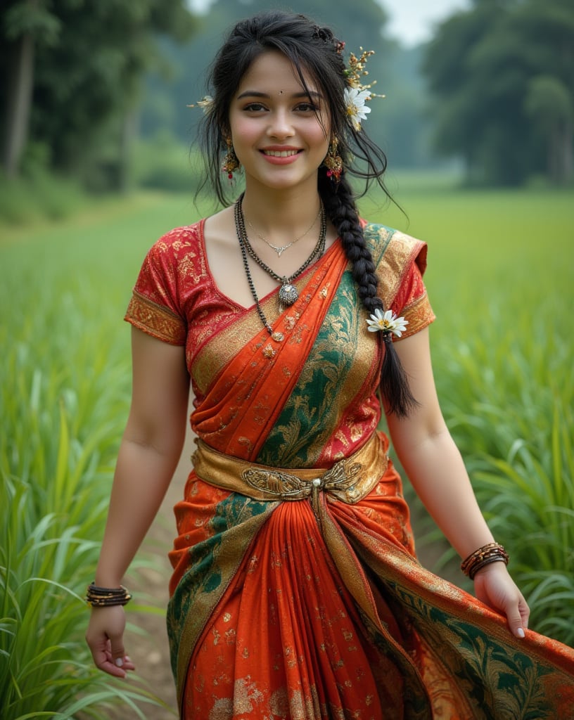 A beautiful Philippines woman with striking features is elegantly dressed as a traditional Tamil Indian woman. She wears a vibrant petticoat only, complemented by jasmine flowers in her braided hair. With an angelic face and a warm smile, she walks gracefully through lush, green paddy fields. Her athletic build and curvy, plus-size body shape highlight her strength and grace, blending traditional elegance with a confident presence.