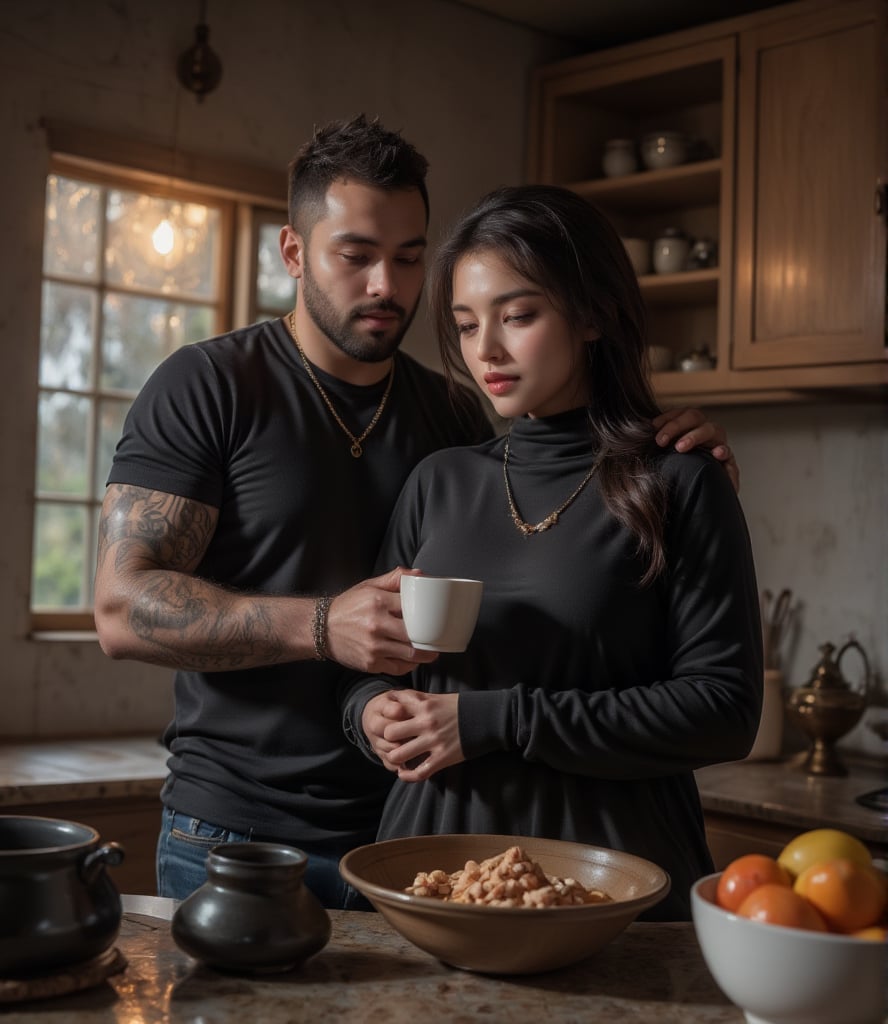 "In a charming, slum area house kitchen, a beautiful curvy thick bodybuilder woman  is gracefully preparing milk coffee. She is dressed in black niqab . A middle aged, muscular British woman, with a rugged appearance that suggests a life of hard work, gently hugs her from behind, showing a tender and protective affection. The woman wears a golden necklace that catches the warm, ambient light of the rustic kitchen, adding a touch of elegance to the scene. The kitchen itself features wooden cabinets, brass utensils, and clay pots, with vibrant spices and fresh fruit adding color to the atmosphere. The couple’s connection is palpable, contrasting beautifully with the earthy, modern surroundings, creating a warm and intimate moment."