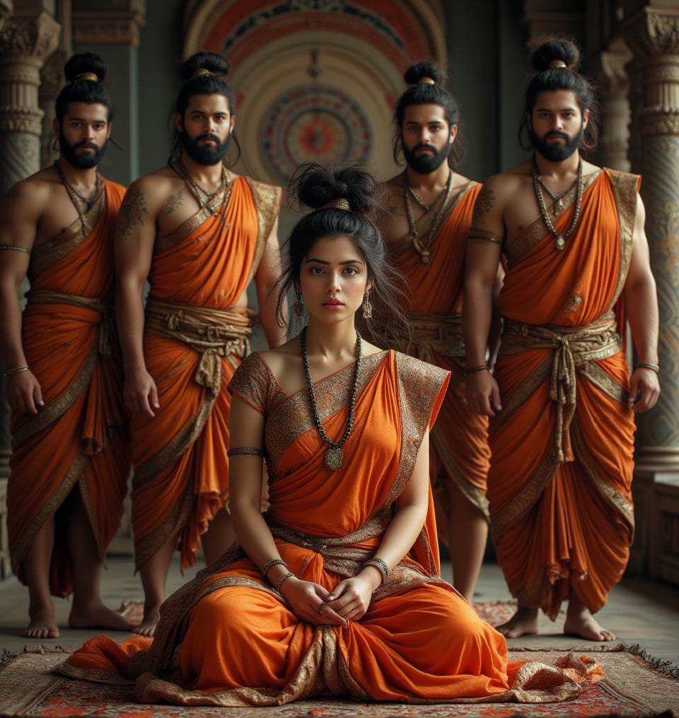 "Create an image of Draupadi, the wife of the five Pandavas, depicted as a white American middle-aged curvy woman. She is wearing a traditional saree, short messy bun hairstyles , styled in a way that reflects her regal and dignified nature. Draupadi is seated on a floor mat with an air of composure and grace. Surrounding her are her five husbands, who are depicted with beefy, muscular body shapes, standing beside her. The scene conveys a sense of unity and strength among them. The background should be simple yet elegant, perhaps with a touch of traditional Indian decor to reflect the epic's cultural context."