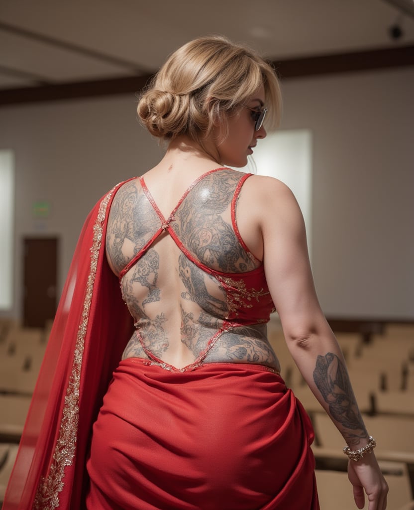  "A captivating photo from the back of a plus-size, curvy, thick Arabian bodybuilder woman in a lecture hall. She is dressed in a vibrant gown , with a fully open back blouse that reveals intricate tattoos covering her entire back. Her stylish sunglasses and impeccably styled short golden hair add to her striking look. The saree drapes beautifully over her strong, muscular figure, blending traditional elegance with modern strength. chatting  with her core staff, The lecture hall is filled with subtle academic elements, like desks and chalkboards, complementing her confident and commanding presence