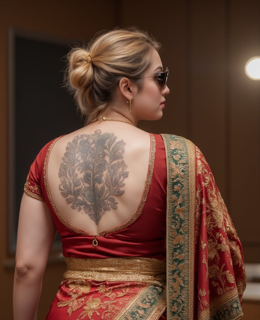  "A captivating photo from the back of a plus-size, curvy, thick Arabian bodybuilder woman in a lecture hall. She is dressed in a vibrant traditional Tamil saree, with a fully open back blouse that reveals intricate tattoos covering her entire back. Her stylish sunglasses and impeccably styled short golden hair add to her striking look. The saree drapes beautifully over her strong, muscular figure, blending traditional elegance with modern strength. chatting  with her core staff, The lecture hall is filled with subtle academic elements, like desks and chalkboards, complementing her confident and commanding presence