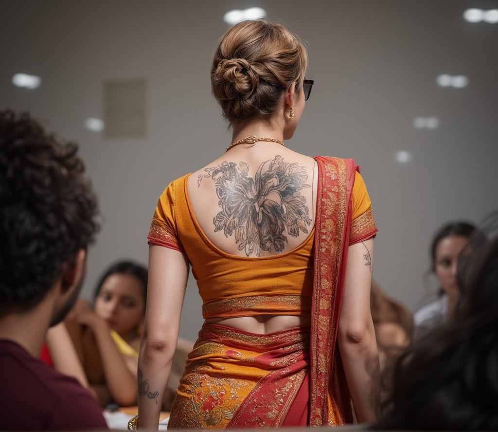  "A captivating photo from the back of a plus-size, curvy, thick Arabian bodybuilder woman in a lecture hall. She is dressed in a vibrant traditional Tamil saree, with a fully open back blouse that reveals intricate tattoos covering her entire back. Her stylish sunglasses and impeccably styled short golden hair add to her striking look. The saree drapes beautifully over her strong, muscular figure, blending traditional elegance with modern strength. watching a movie on large Television, sits middle of a Afro two male , The hall is filled with subtle academic elements, like notice  boardsand chalkboards, complementing her confident and commanding presence