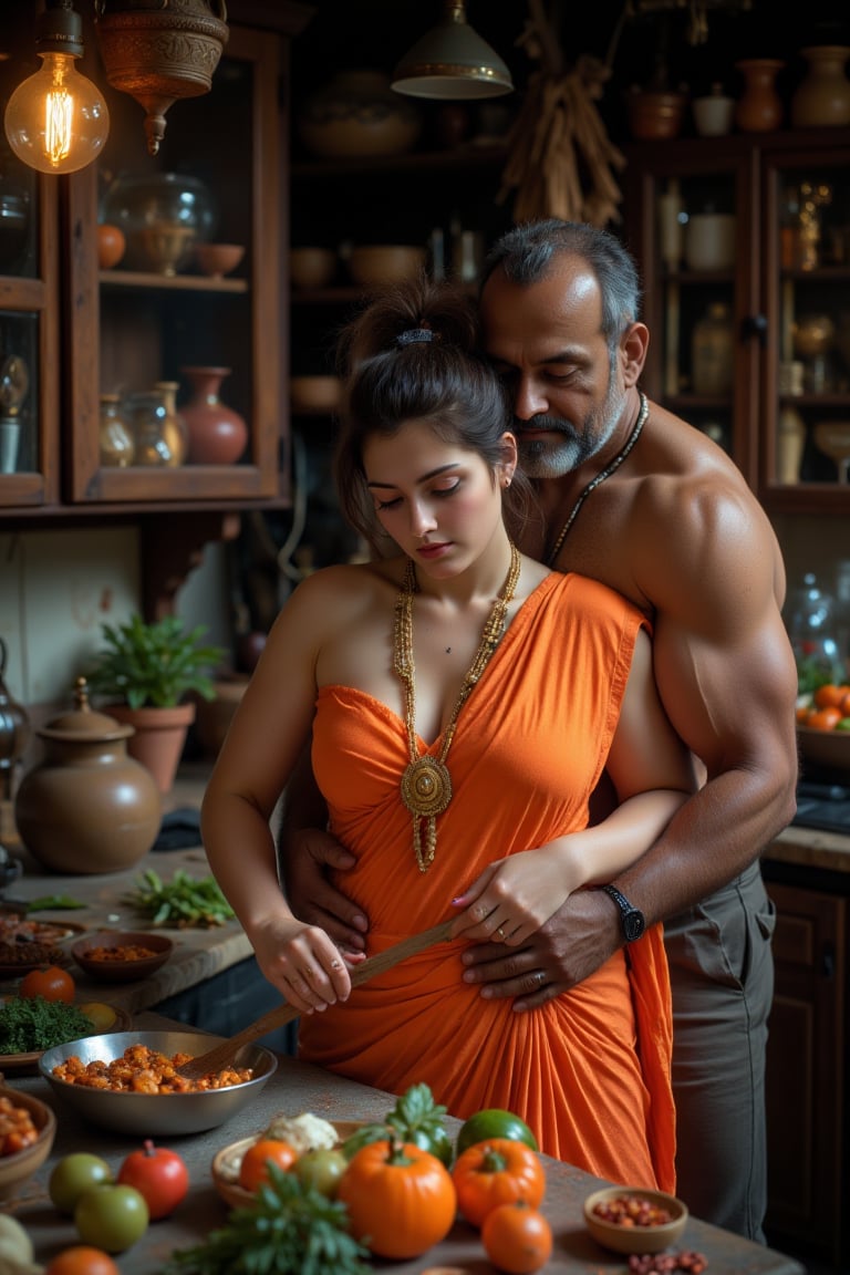 "In a charming, traditional Kerala kitchen, a beautiful, middle-aged American white woman with a curvy, large-toned muscular build is gracefully preparing vegetables. She is dressed in an elegant orange cloth that drapes beautifully over her figure, and her hair is styled in a short, messy bun. An older, muscular Indian man, with a rugged appearance that suggests a life of hard work, gently hugs her from behind, showing a tender and protective affection. The woman wears a golden necklace that catches the warm, ambient light of the rustic kitchen, adding a touch of elegance to the scene. The kitchen itself features wooden cabinets, brass utensils, and clay pots, with vibrant spices and fresh vegetables adding color to the atmosphere. The couple’s connection is palpable, contrasting beautifully with the earthy, traditional surroundings, creating a warm and intimate moment."