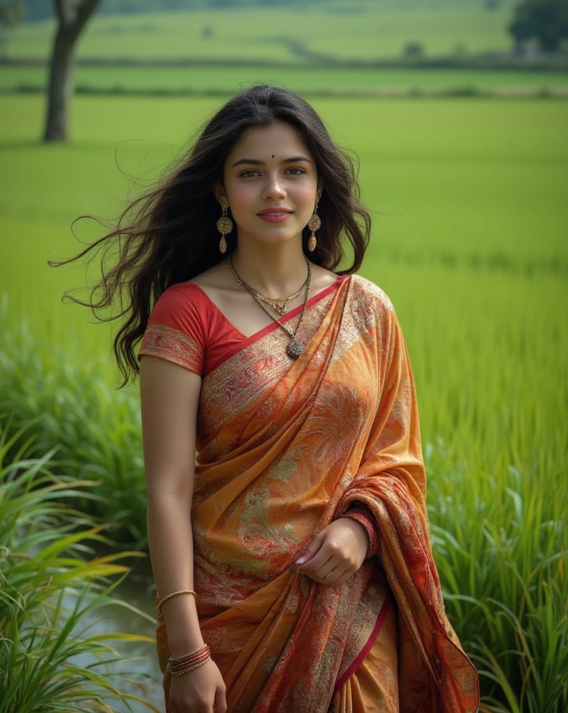 A beautiful Philippines woman with striking features is elegantly dressed as a traditional Tamil Indian woman. She wears a vibrant saree, with medium length free hair. With an angelic face and a warm smile, she walks gracefully through lush, green paddy fields. Her athletic build and curvy, plus-size body shape highlight her strength and grace, blending traditional elegance with a confident presence.