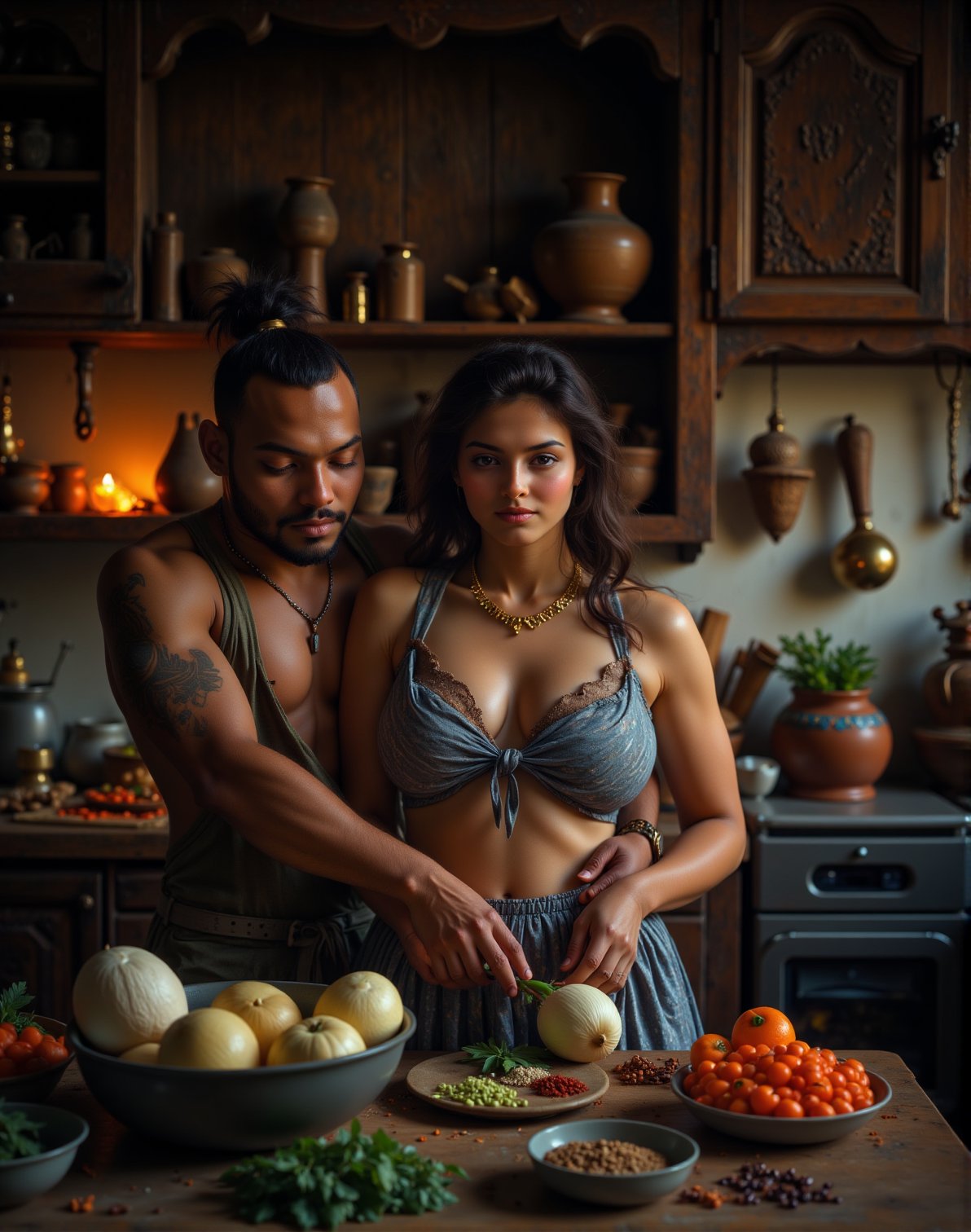 "In a charming, traditional Kerala kitchen, a beautiful, middle-aged American vs philipines mixed races  white woman with a curvy, bulk-lean muscular build is gracefully preparing vegetables. She is dressed in petticoat only knocked over her chest , and her hair is styled in a loose waves. An middle aged,  bulky muscular African  bulky man, with a rugged appearance that suggests a life of hard work, gently hugs her from behind, showing a tender and protective affection. The woman wears a golden necklace that catches the warm, ambient light of the rustic kitchen, adding a touch of elegance to the scene. The kitchen itself features wooden cabinets, brass utensils, and clay pots, with vibrant spices and fresh vegetables adding color to the atmosphere. The couple’s connection is palpable, contrasting beautifully with the earthy, traditional surroundings, creating a warm and intimate moment."