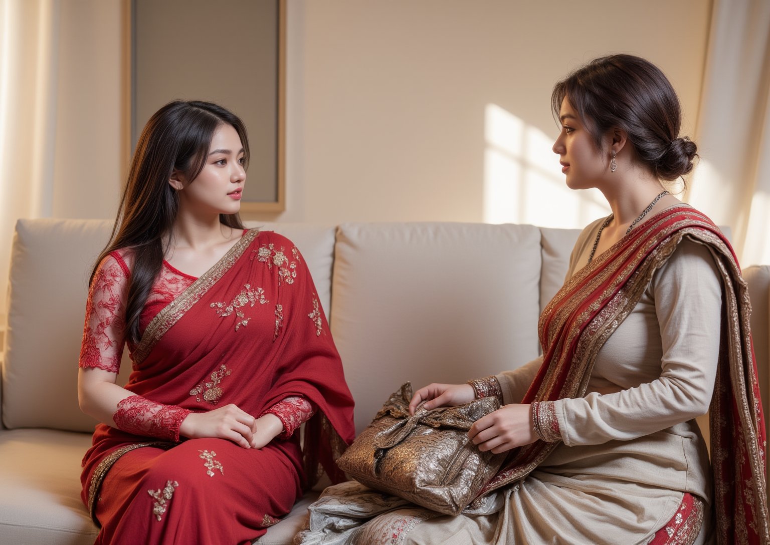 "A sunny day at a beautiful hostel room, scene featuring two women engaged in conversation. On one side, a beautiful adolescent Muslim girl from the Philippines, curvaceous and wearing a hijab, sits comfortably, . Next to her is a voluptuous 30-year-old Indian bodybuilder woman with thick curves, dressed in a saree, her short disheveled hairstyle adding to her strong, confident appearance.  
