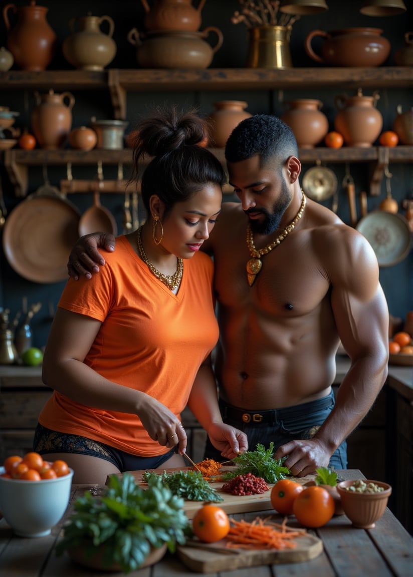 "In a charming, tribesmen  kitchen, a beautiful, middle-aged British bai Philippines mixed race white woman with a curvy, large lean bulk- muscular build is gracefully preparing vegetables. She is dressed in an elegant orange T-shirt and boxer briefs , and her hair is styled in a short, messy bun. An older, muscular African  bulky man, with a rugged appearance that suggests a life of hard work, gently hugs her from behind, showing a tender and protective affection. The woman wears a golden necklace that catches the warm, ambient light of the rustic kitchen, adding a touch of elegance to the scene. The kitchen itself features wooden cabinets, brass utensils, and clay pots, with vibrant spices and fresh vegetables adding color to the atmosphere. The couple’s connection is palpable, contrasting beautifully with the earthy, traditional surroundings, creating a warm and intimate moment."