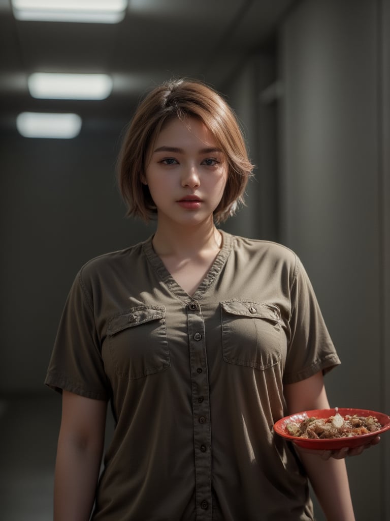 In the prison dining hall, a striking curvy thick figure bodybuilder woman stands out. Her golden short haircut catches the fluorescent light, framing a face with a confident, unyielding expression. Her physique is powerful and muscular, reminiscent of Hulk, suggesting immense strength and resilience. Clad in the standard prisoner uniform, she moves with a grace that contrasts with the harsh environment around her, carrying a food plate as if it were a mere accessory to her commanding presence. The setting is stark, but her aura transforms it into a scene of silent defiance and inner strength.