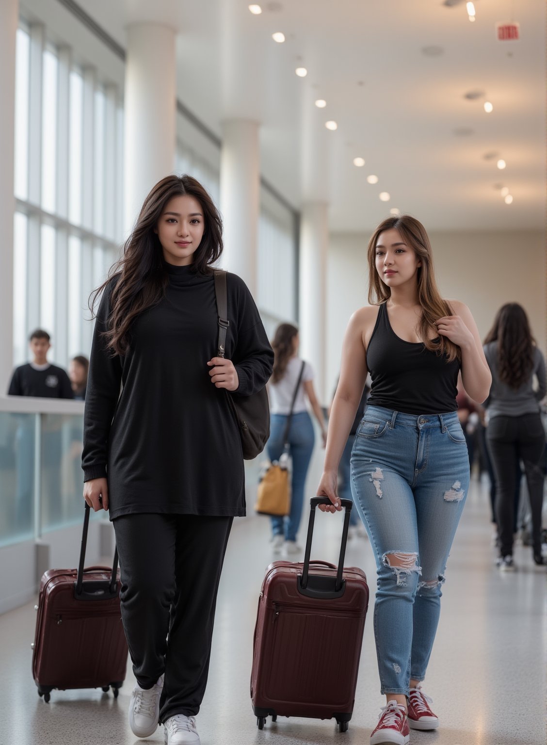  "A vibrant morning at the airport, bustling with activity, as two confident and striking women emerge from the terminal, each with their baggage in tow. One, a curvy and thick woman dressed in a sleek black niqab and carrying a backpack, walks with purpose, her attire contrasting with the busy airport scene around her. Beside her, a stunning teenage  woman with a  slightly chubby and muscular build strides along in a black wife-beater, denim jeans, and sneakers, short ponytail golden hair, her suitcase rolling smoothly behind her. Both are on a mission, their bond and shared college friendship evident as they embark on the next leg of their journey, in search of the perfect rental house.