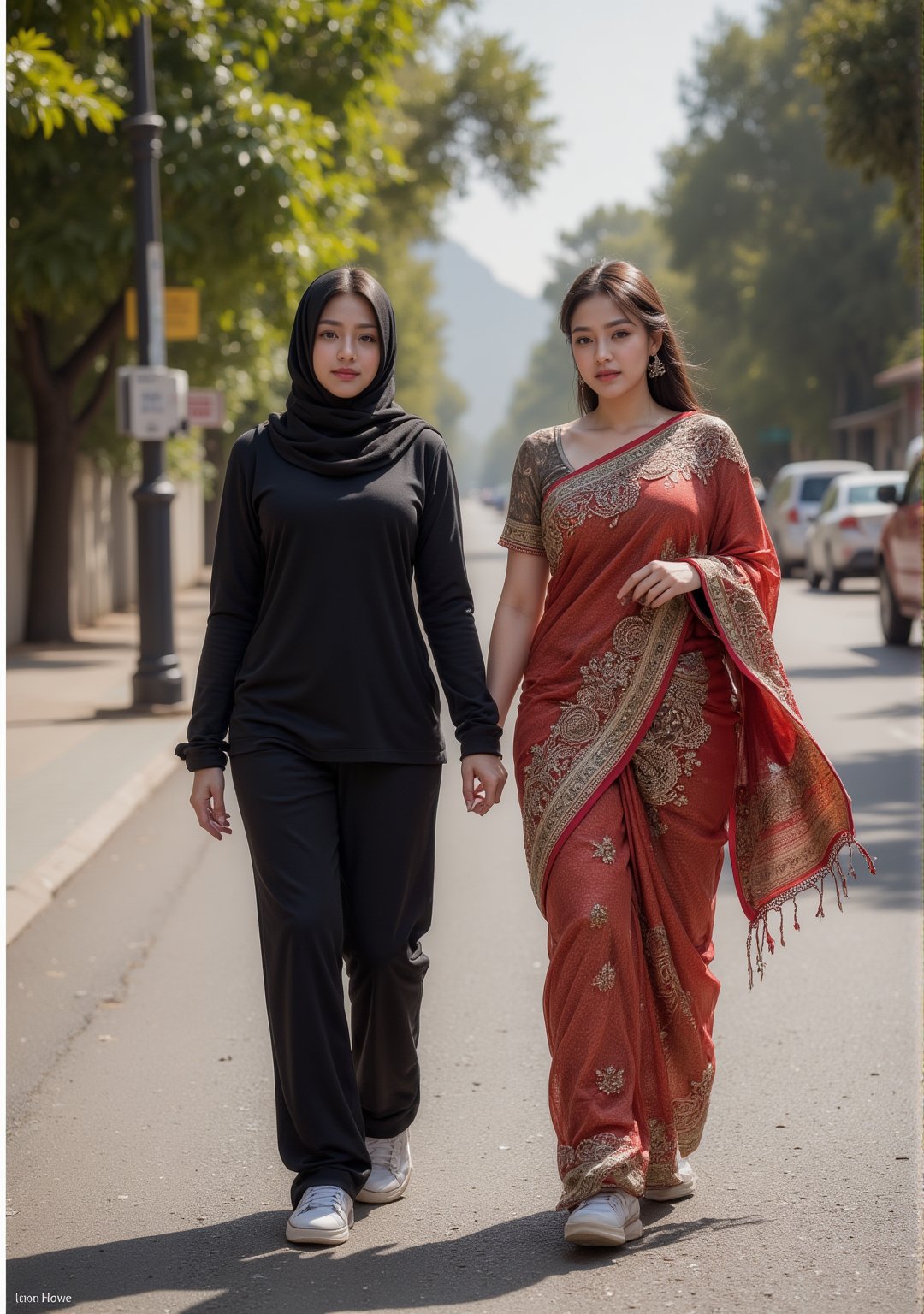 On a vibrant morning in a bustling bucy city residential area, a confident and striking woman with a curvy, muscular build walks with purpose, dressed in a black niqab that contrasts with the lively street around her. Beside her, a stunning American muscular curvy thick woman in a traditional indian saree, and sneakers strides along, both of them engaged in a quest for the perfect rental house. Their bond is evident, a reflection of their college friendship and shared mission.