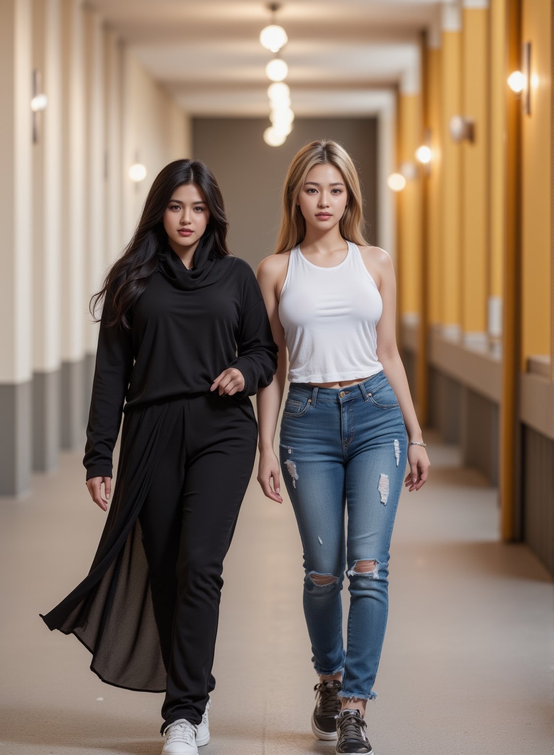 Two confident and striking women walk side by side down a brightly lit hostel corridor, their contrasting appearances highlighting their strong bond. One, with a curvy, muscular build, is dressed in a sleek black niqab that flows as she moves with purpose, her eyes focused and determined. The other, a stunning woman with a curvy, thick figure, wears a white stretch wife-beater, denim jeans, and sneakers, her short spiky golden hair adding a bold edge to her style. They share an easy camaraderie, reflecting their close college friendship as they chat animatedly, searching for their next adventure within the hostel's vibrant atmosphere.