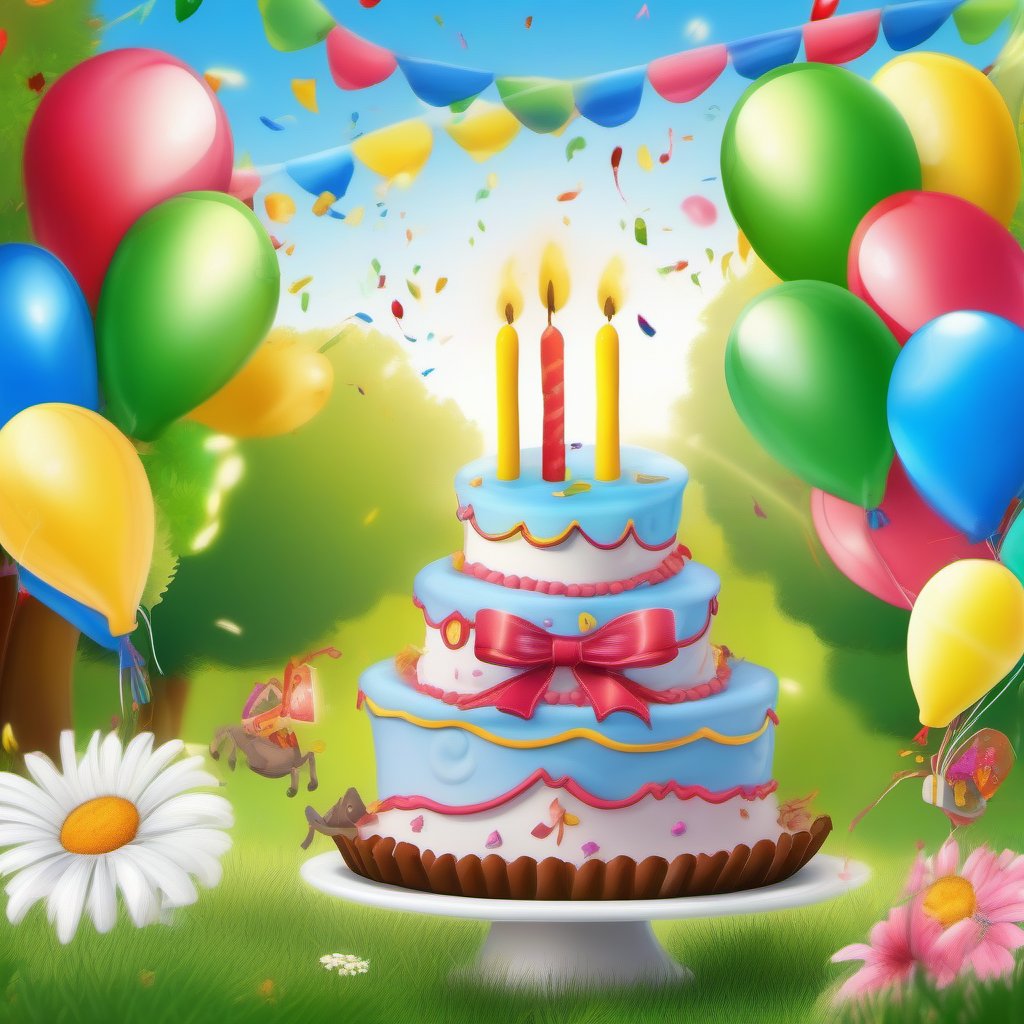 birthday image with a sunny blue sky, colorful balloons, a decorated birthday cake with one lit candle, and friends joyfully celebrating. Add lush green trees, blooming flowers, and a cheerful "Happy Birthday" message in a playful font.,DonMM1y4XL