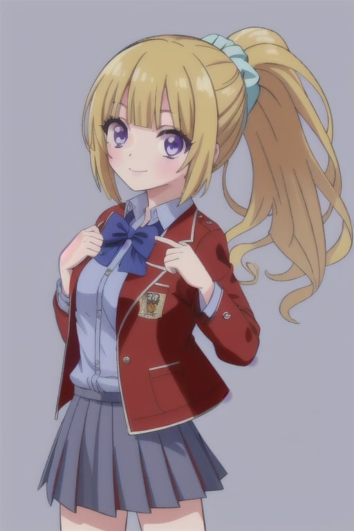 Kei Karuizawa, model chibi, greeting long hair, bangs, blunt bangs, (purple eyes:1.1), blonde hair, shirt, hair ornament, ponytail, scrunchie, blue scrunchie, smile, BREAK skirt, shirt, bow, school uniform, jacket, (red jacket:1.2), pleated skirt, bowtie, sweater, (blue bow), (blue shirt),