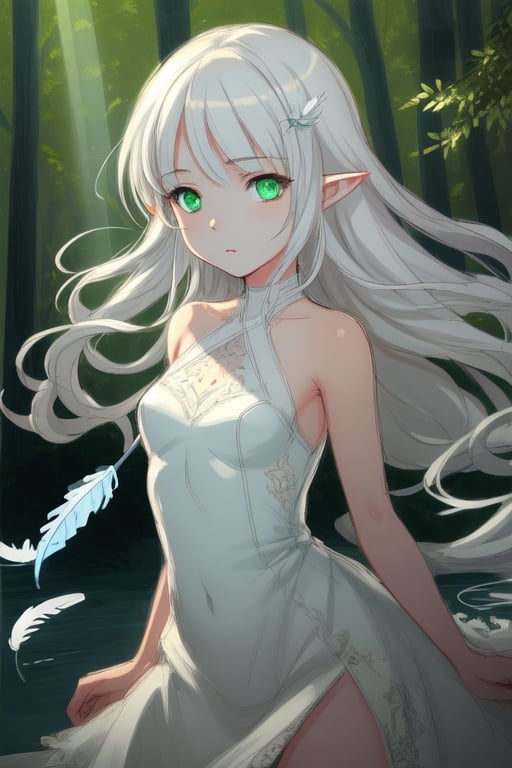 (((masterpiece))), (((best quality))), ((ultra-detailed)), (illustration), ((an extremely delicate and beautiful)),dynamic angle,floating, (beautiful detailed eyes), (detailed light) (1girl), loli, small_breasts, floating_hair,  glowing eyes, pointy_ears, white hair, green eyes,halter dress, feather, leaves, nature, (sunlight), river, (forest),(painting),(sketch),(bloom)