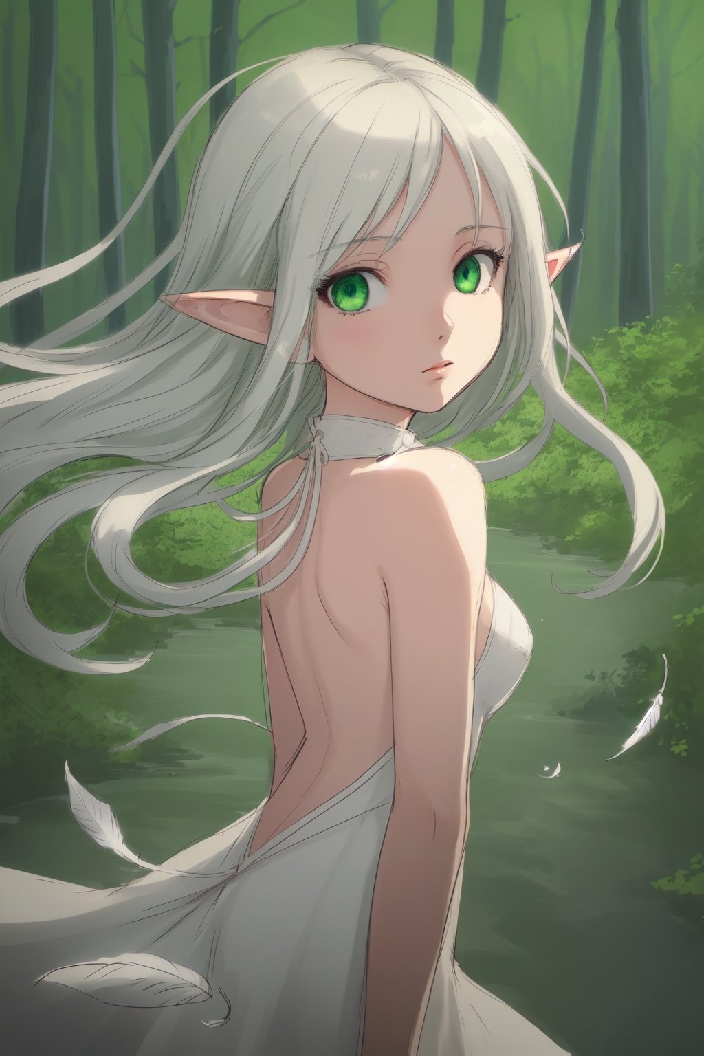 (((masterpiece))), (((best quality))), ((ultra-detailed)), (illustration), ((an extremely delicate and beautiful)),dynamic angle,floating, (beautiful detailed eyes), (detailed light) (1girl), loli, small_breasts, floating_hair,  glowing eyes, pointy_ears, white hair, green eyes,halter dress, feather, leaves, nature, (sunlight), river, (forest),(painting),(sketch),(bloom)