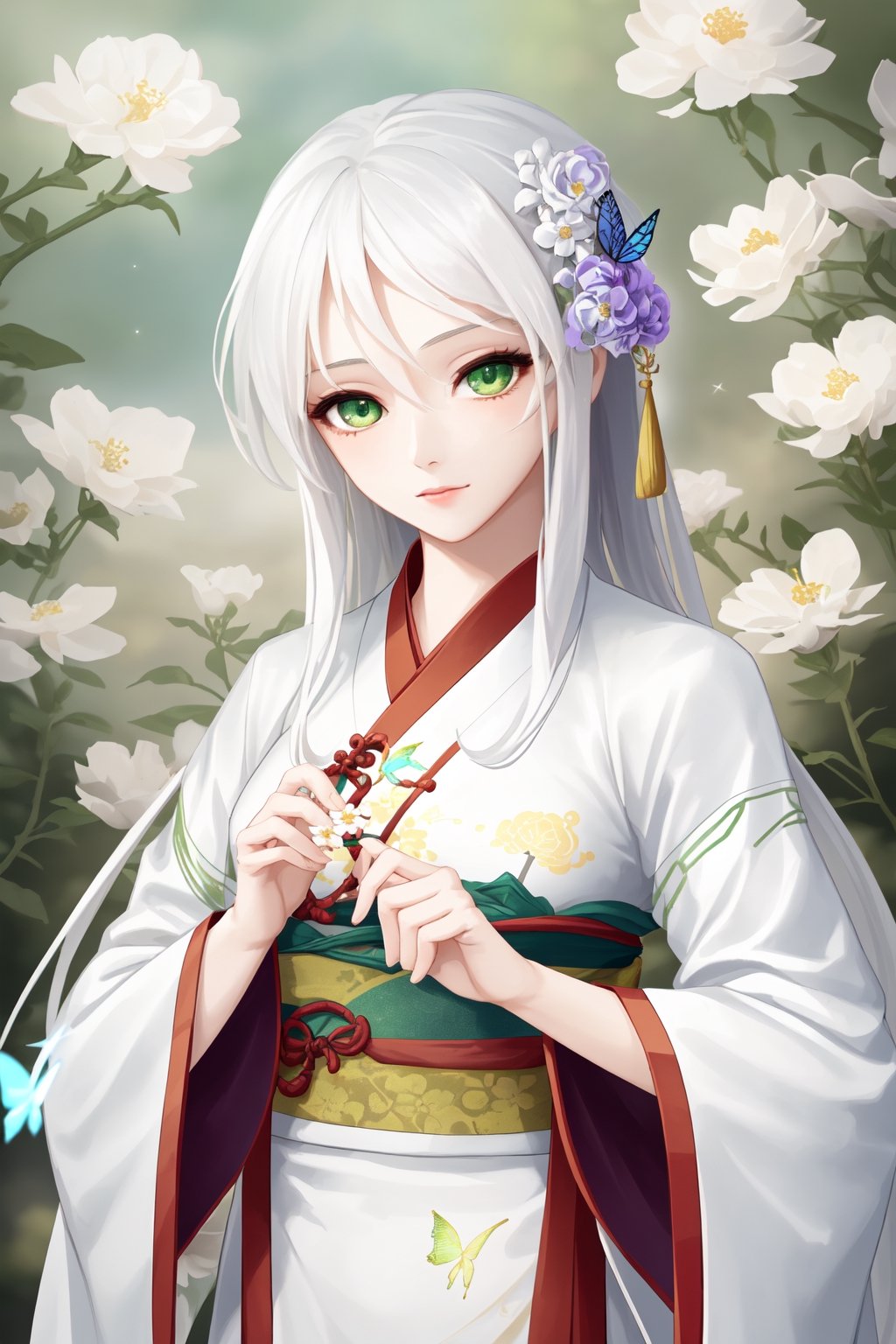 1 girl, solo, long white hair, shiny green eyes, detailed eyes, blink and youll miss it detail, silk hanfu, white robe hanfu, purple glittering butterflies, outdoors, flower garden, high quality, ancient chinese hanfu, floral background, very detailed