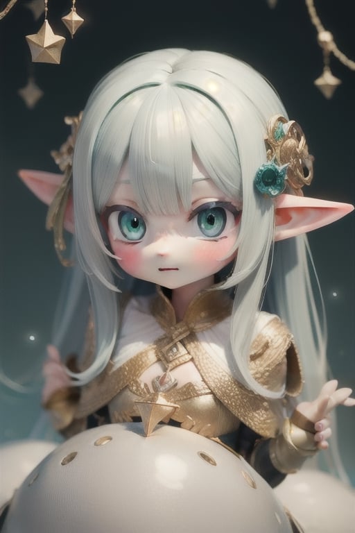 cute, masterpiece, illustrated, elf, green-eyes, long white hair