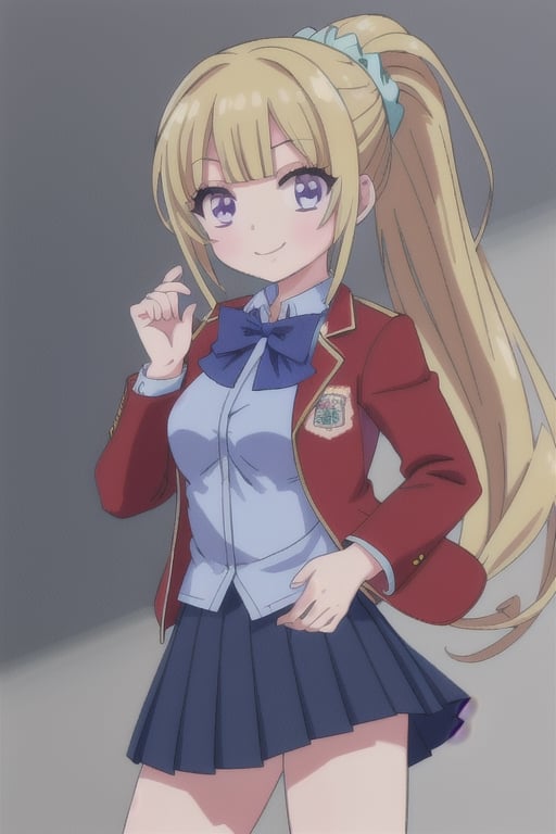 keikaruizawa, chibi model, long hair, bangs, blunt bangs, (purple eyes:1.1), blonde hair, shirt, hair ornament, ponytail, scrunchie, scrunchie, blue scrunchie, smile, BREAK skirt, shirt, bow, school uniform, jacket, (red jacket:1.2), pleated skirt, bow tie, sweater, (blue bow:1.2), (blue shirt:1.2), BREAK underwear, (masterpiece:1.2), 