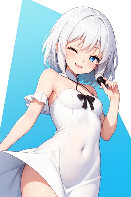 nice colors, white outline, yumi chan art style, simple background, cute, half body, simple, cropped torso, a girl , alone , simple dress , white hair, blue eyes, happy, one eye closed ,
