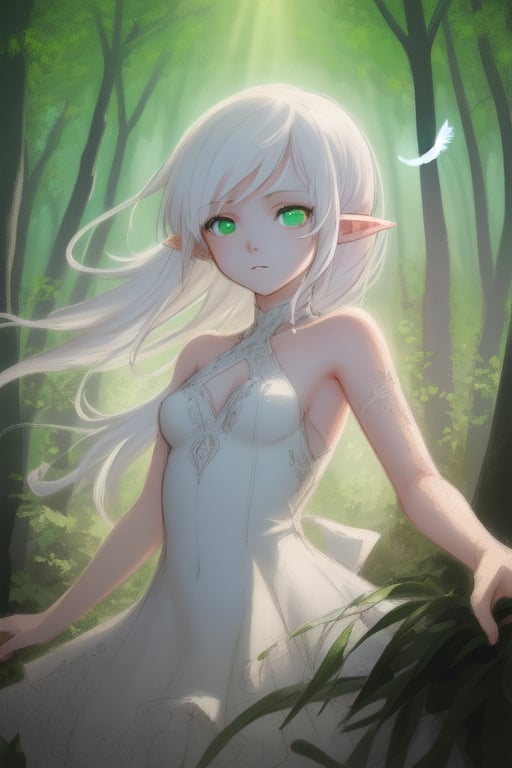 (((masterpiece))), (((best quality))), ((ultra-detailed)), (illustration), ((an extremely delicate and beautiful)),dynamic angle,floating, (beautiful detailed eyes), (detailed light) (1girl), loli, small_breasts, floating_hair,  glowing eyes, pointy_ears, white hair, green eyes,halter dress, feather, leaves, nature, (sunlight), river, (forest),(painting),(sketch),(bloom)