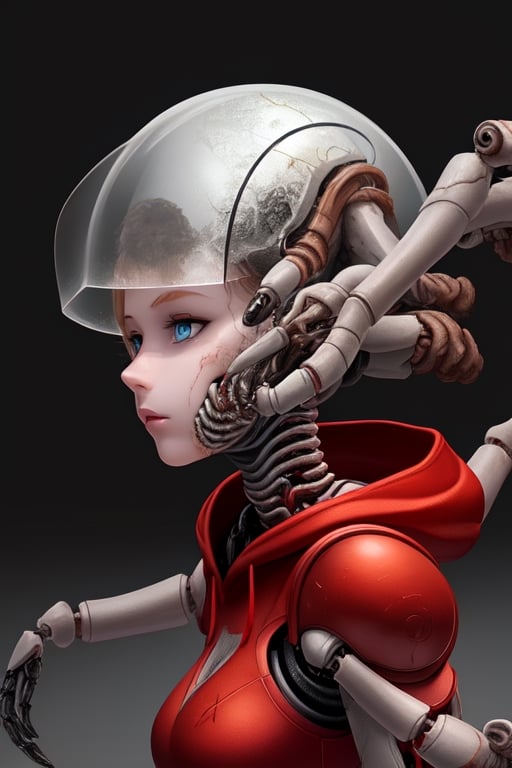 1girl,EA post apocalyptic portrait photo of a red hooded woman, (((front view))), blue eyes,beautiful female, beautiful face, biomechanical android with translucent lingerie armor,scientific illustration,white backgorund,alabaster skin,perfect face