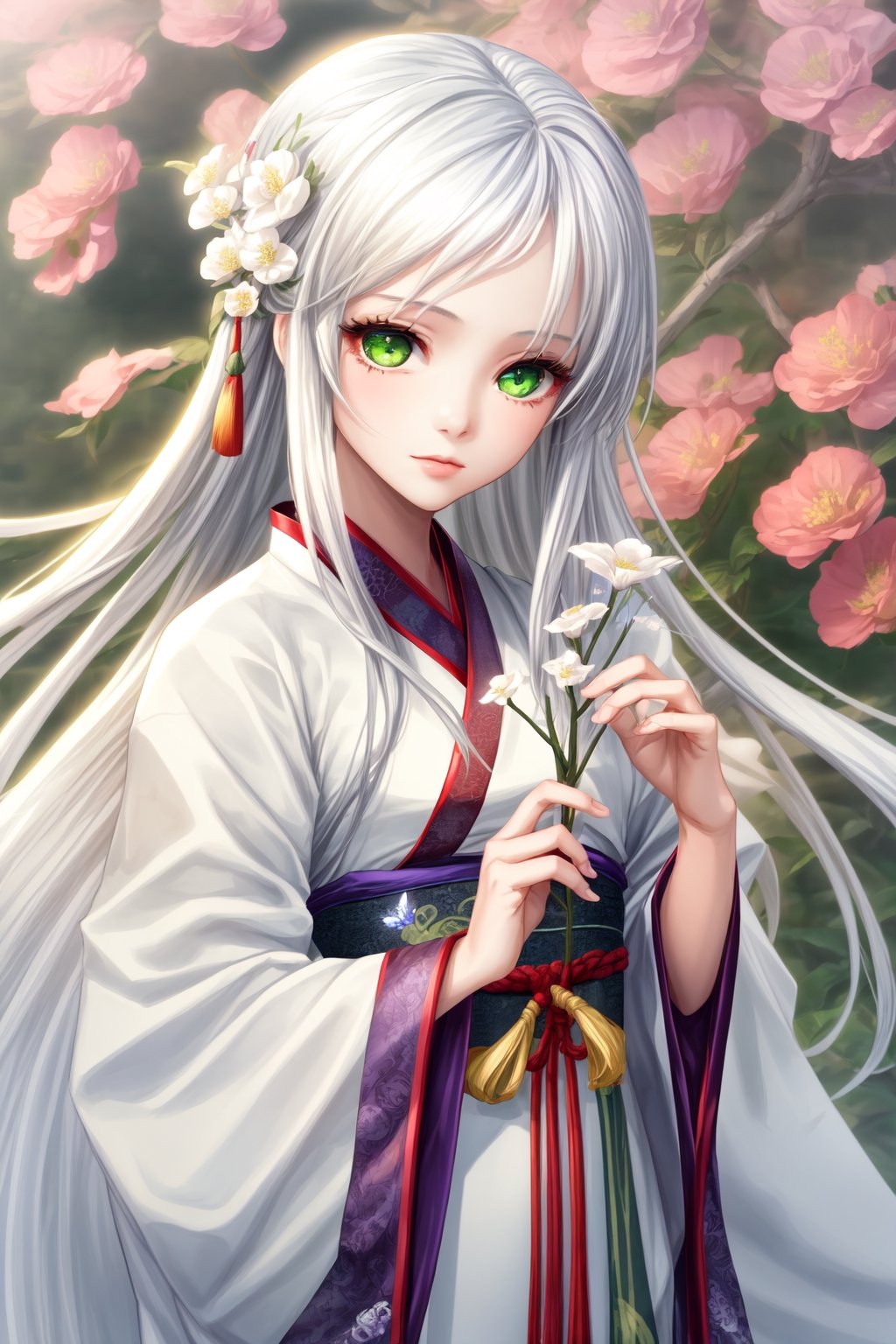 1 girl, solo, long white hair, shiny green eyes, detailed eyes, blink and youll miss it detail, silk hanfu, white robe hanfu, purple glittering butterflies, outdoors, flower garden, high quality, ancient chinese hanfu, floral background, very detailed