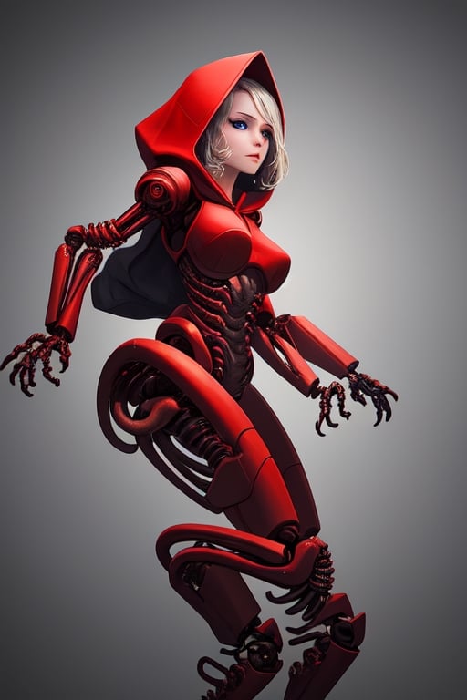 1girl,EA post apocalyptic portrait photo of a red hooded woman, (((front view))), blue eyes,beautiful female, beautiful face, biomechanical android with translucent lingerie armor,scientific illustration,white backgorund,alabaster skin,perfect face