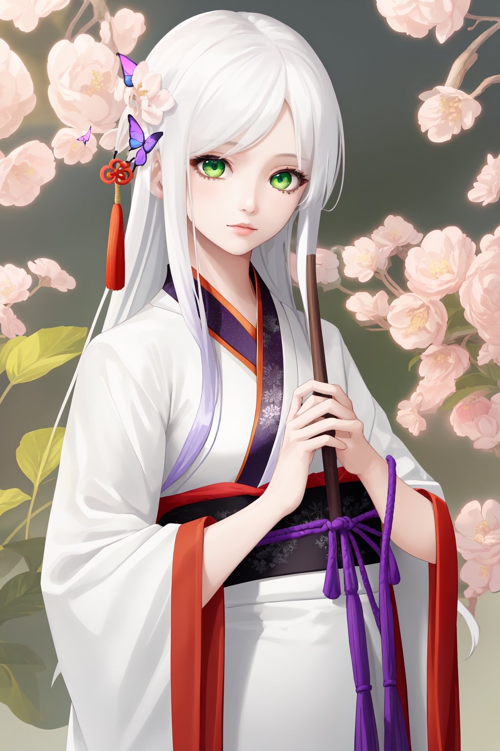 1 girl, solo, long white hair, shiny green eyes, detailed eyes, blink and youll miss it detail, silk hanfu, white robe hanfu, purple glittering butterflies, outdoors, flower garden, high quality, ancient chinese hanfu, floral background, very detailed