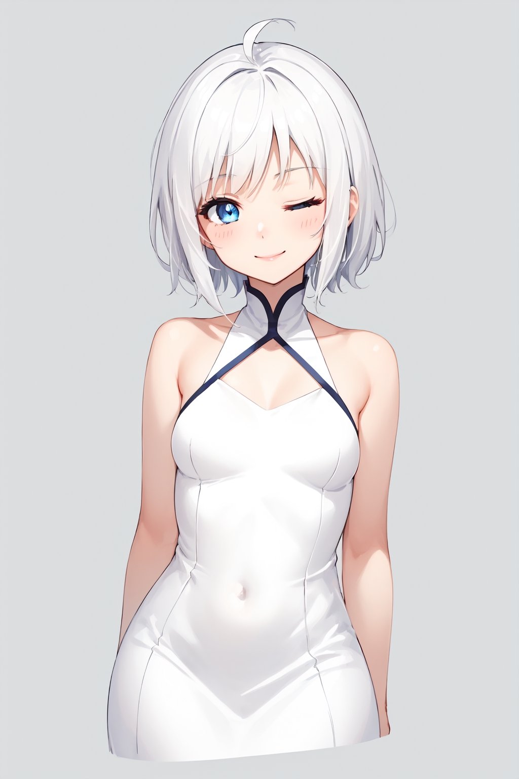 nice colors, white outline, yumi chan art style, simple background, cute, half body, simple, cropped torso, a girl , alone , simple dress , white hair, blue eyes, happy, one eye closed ,
