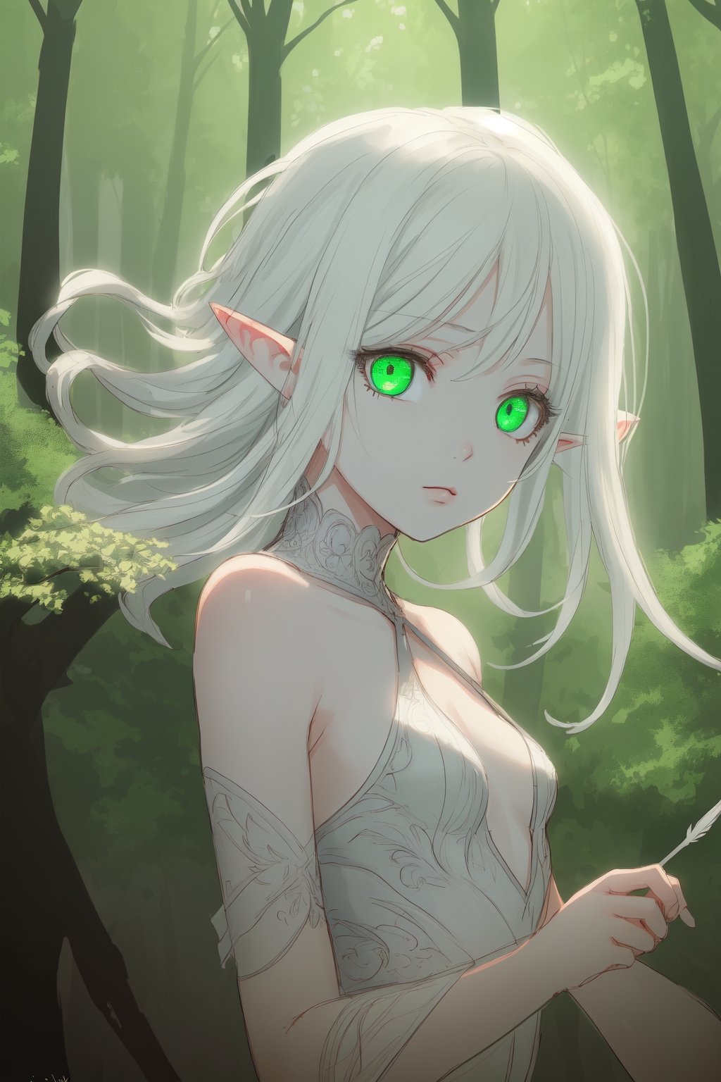 (((masterpiece))), (((best quality))), ((ultra-detailed)), (illustration), ((an extremely delicate and beautiful)),dynamic angle,floating, (beautiful detailed eyes), (detailed light) (1girl), loli, small_breasts, floating_hair,  glowing eyes, pointy_ears, white hair, green eyes,halter dress, feather, leaves, nature, (sunlight), river, (forest),(painting),(sketch),(bloom)