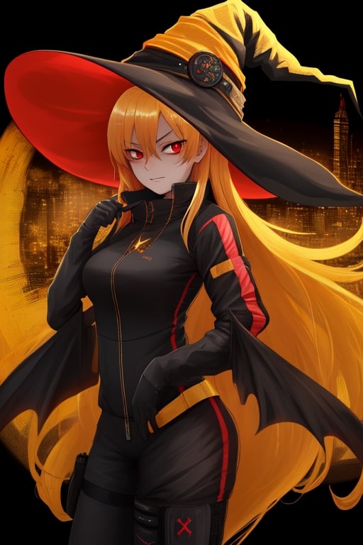 Red eyes, evil, golden, shiny, gold hair,High detailed ,midjourney,perfecteyes,Color magic,urban techwear,hmochako,better witch,witch, witch,Long hair ,long hair