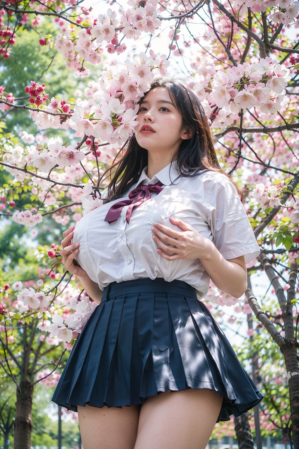 masterpiece,  highest quality,  8K,  RAW photo,
BREAK
1 japanese girl, high school student, school uniform, big breast, (haircut of uniform length), (one length), Beautiful shiny black hair, straight hair, messy hair, pale white skin, white skin, full body to the toes,  beautiful thighs, (navy blue pleated skirt), 
BREAK
profile, looking up, close eyes, standing under the cherry trees, ((Cherry blossom storm)), cherry blossom petals are falling, reach out a hand, ((angle from below)), dimly light,  at night, high_school_girl, best quality,CherryBlossom_background