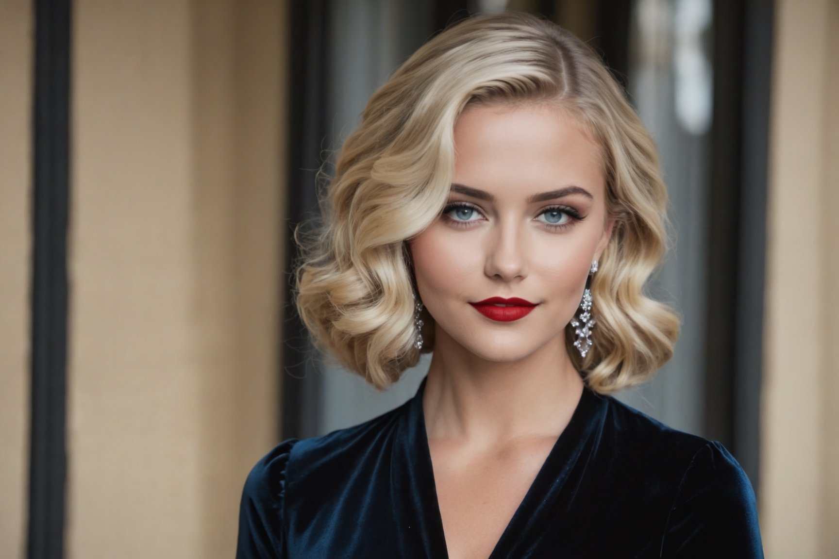 young adult female, wavy lob hair cut, blonde hair, dark grey eyes, black lid liner, lightblue colored waterline, red lipstick, wearing black velvet dress, silver earrings, dawn, summer, heavy make-up, thin straight eyebrows