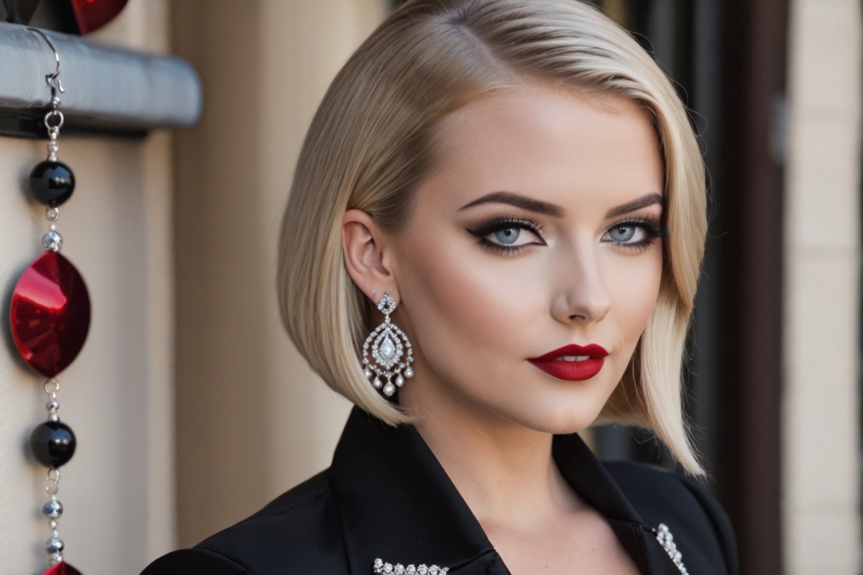 young adult female, A-line lob hairstyle, blonde hair, dark grey eyes, black lid liner, lightblue colored waterline, red lipstick, wearing black corsett, silver earrings hoops, dusk, winter, soft make-up, thin straigth shape eyebrows