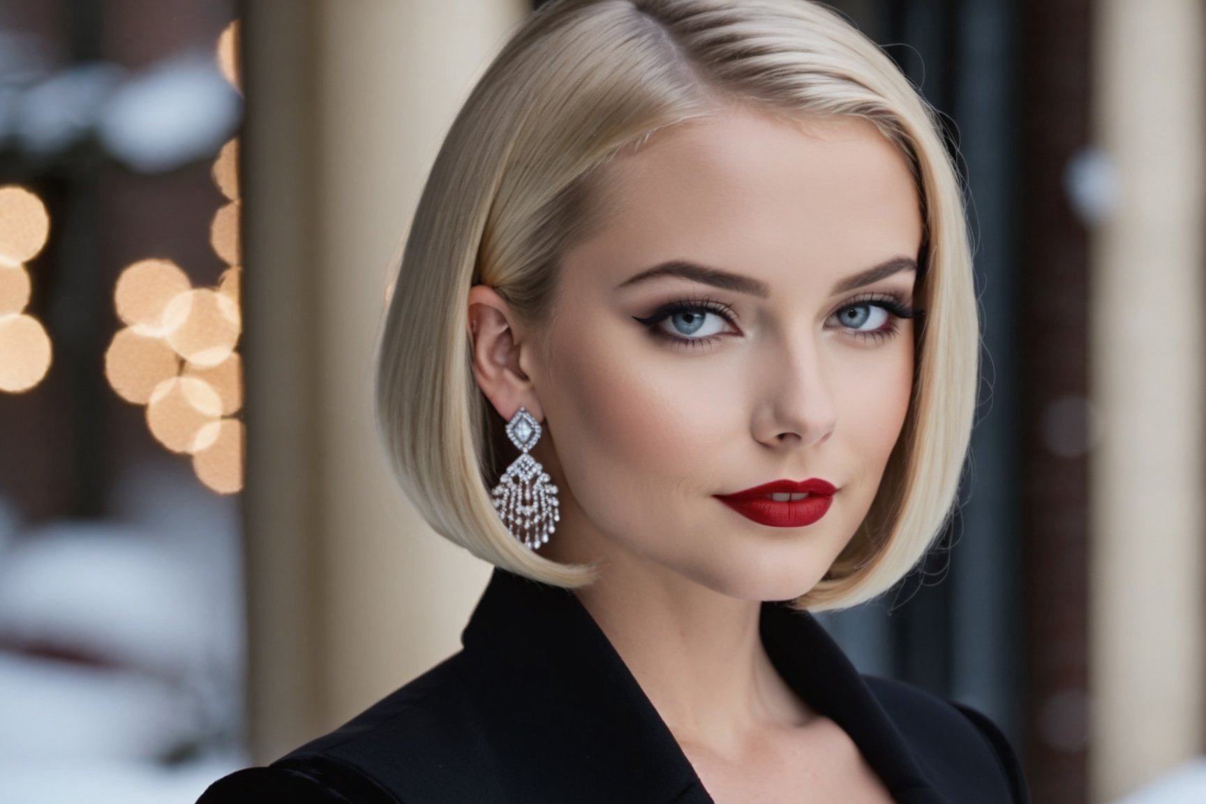 young adult female, middle length bob, blonde hair, dark grey eyes, black lid liner, lightblue colored waterline, red lipstick, wearing black corsett, silver earrings hoops, dusk, winter, soft make-up, thin s-shape eyebrows