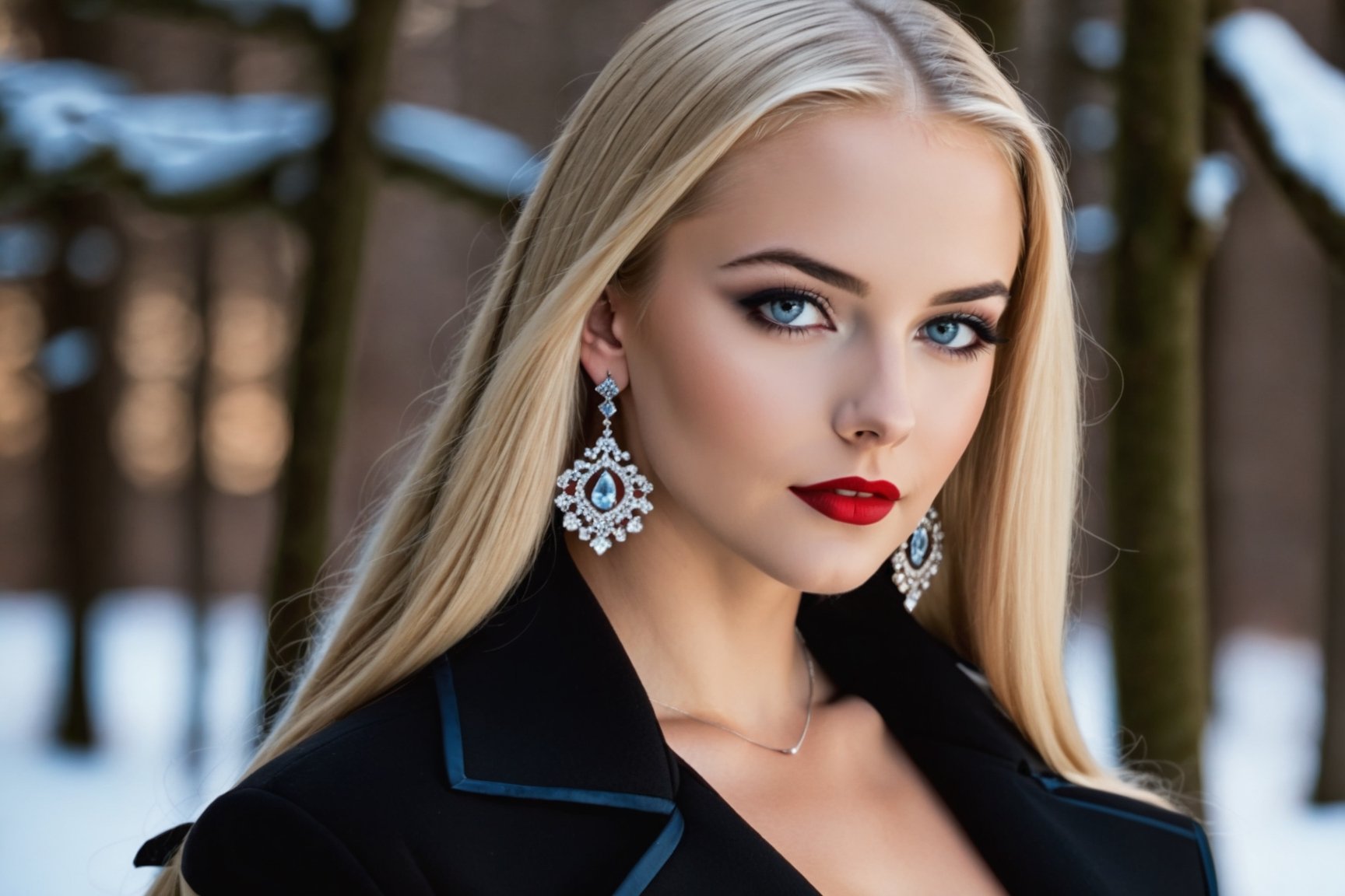 young adult female, long flat blonde hair, dark grey eyes, black lid liner, lightblue colored waterline, red lipstick, wearing black corsett, silver earrings hoops, dusk, winter, soft make-up, thin eyebrows