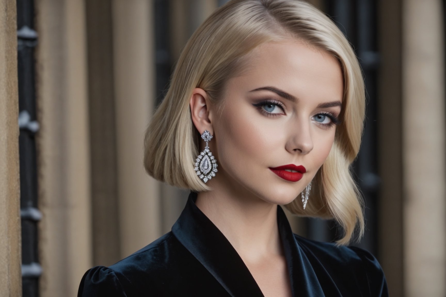 young adult female, layered midi hair cut, blonde hair, dark grey eyes, black lid liner, lightblue colored waterline, red lipstick, wearing black velvet dress, silver earrings hoops, dusk, winter, soft make-up, thin s-shape eyebrows